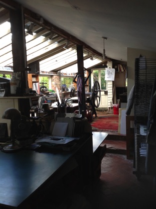 Workshop view, 11 x 5.5 metres 
Fully equipped to produce, etchings, lino - prints, wood engravings, wood cuts.